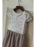 Cap Sleeves Silver Sequin Gray Chiffon Boho Flower Girl Dress
